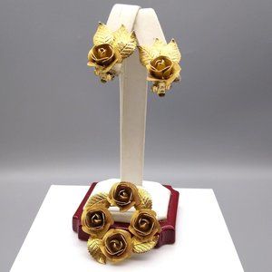 Vintage Judy Lee Mesh Rose Wreath Brooch and Floral Clip On Earrings, Gold Tone